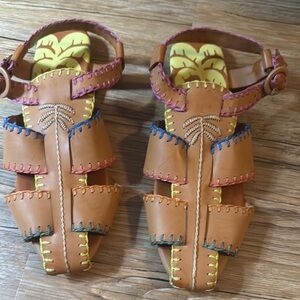 Farm Rio Colorful Leather Sandals with Stitching, size 10